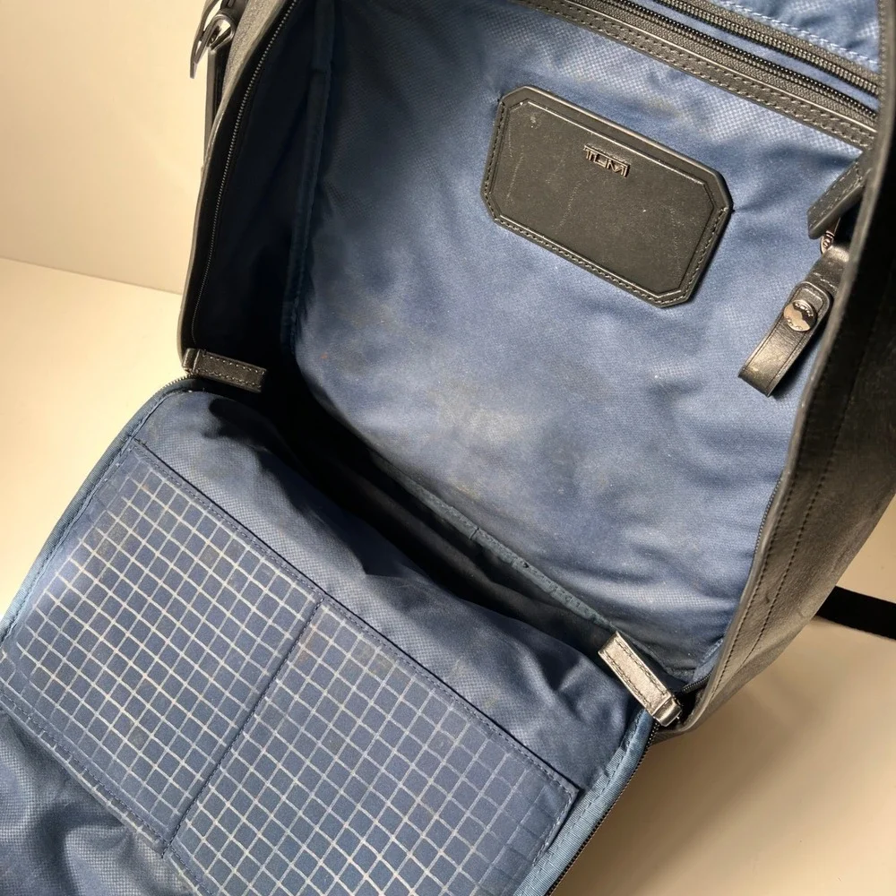 Tumi Morley Backpack Carbon Fiber Black Leather Buckle Laptop Travel Bag